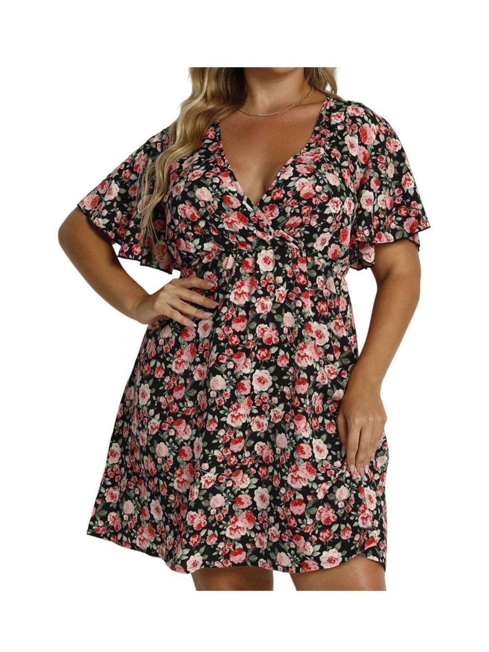 Floral wrap V-Neck, A line dress - plus size Pink Rose on Black 2XL